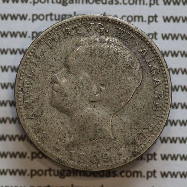 Moeda 200 réis 1909 prata D. Manuel II, dois tostões prata 1909, World Coins Portugal KM549. (BC)