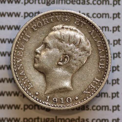 Moeda 100 réis 1910 prata D. Manuel II, tostão prata 1910, World Coins Portugal KM548. (MBC+)