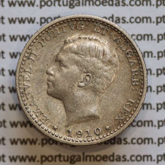 100 réis 1910 prata D. Manuel II, tostão prata 1910, World Coins Portugal KM548. (MBC+)