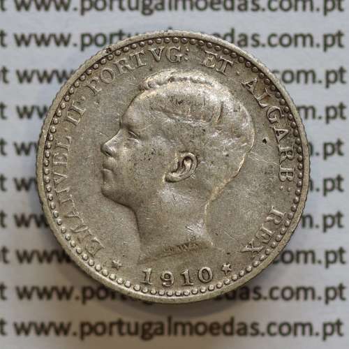 100 réis 1910 prata D. Manuel II, tostão prata 1910, World Coins Portugal KM548. (MBC)