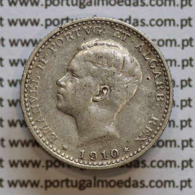 Moeda 100 réis 1910 prata D. Manuel II, tostão prata 1910, World Coins Portugal KM548. (MBC)