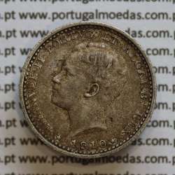 Moeda 100 réis 1910 prata D. Manuel II, tostão prata 1910, World Coins Portugal KM548. (MBC+)