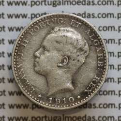 Moeda 100 réis 1910 prata D. Manuel II, tostão prata 1910, World Coins Portugal KM548. (MBC)