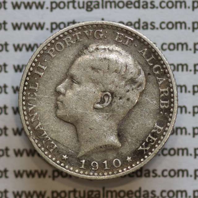Moeda 100 réis 1910 prata D. Manuel II, tostão prata 1910, World Coins Portugal KM548. (MBC)