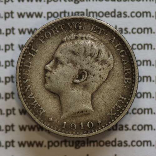 Moeda 100 réis 1910 prata D. Manuel II, tostão prata 1910, World Coins Portugal KM548. (MBC)