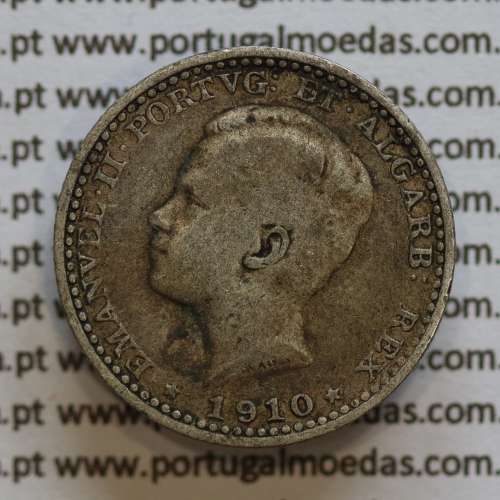 Moeda 100 réis 1910 prata D. Manuel II, tostão prata 1910, World Coins Portugal KM548. (BC)
