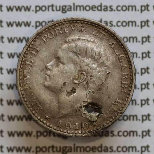 Moeda 100 réis 1910 prata D. Manuel II, tostão prata 1910, World Coins Portugal KM548. (REG)