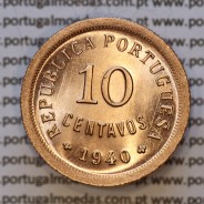 10 centavos 1940 Bronze, "$10" dez centavos 1940 bronze Republica Portuguesa, (Soberba), World Coins Portugal  KM 573