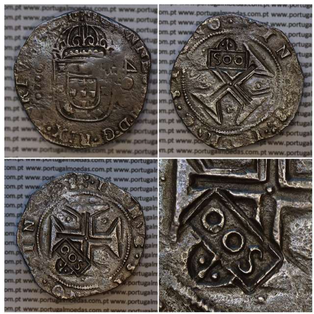Cruzado prata de D. João IV, com carimbo "S00" de 500 Réis de D. Afonso VI,  World Coins Portugal KM 437.1