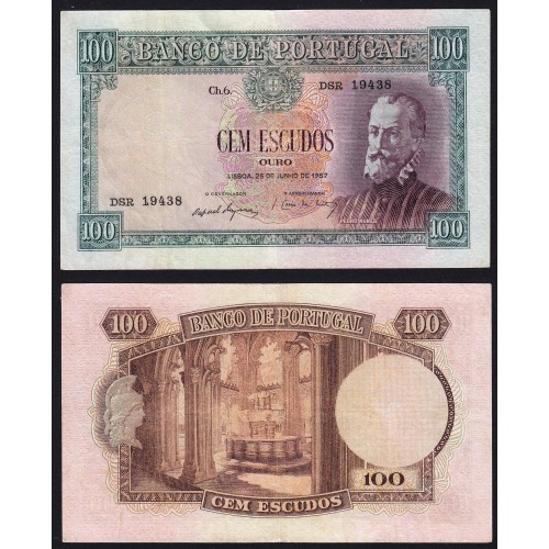 Nota de 100 Escudos 1957 Pedro Nunes, 100$00 25/06/1957 Chapa: 6 - Banco de Portugal (Circulada)