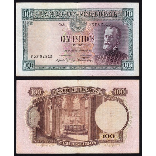 Nota de 100 Escudos 1957 Pedro Nunes, 100$00 25/06/1957 Chapa: 6 - Banco de Portugal (Circulada)