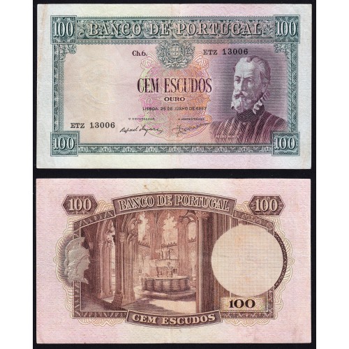 Nota de 100 Escudos 1957 Pedro Nunes, 100$00 25/06/1957 Chapa: 6 - Banco de Portugal (Circulada)