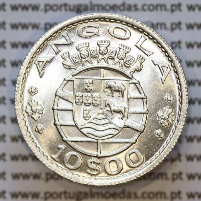 Moeda 10$00 prata 1955 Angola, "10 escudos prata 1955" (Soberba) - World Coins Angola KM 73