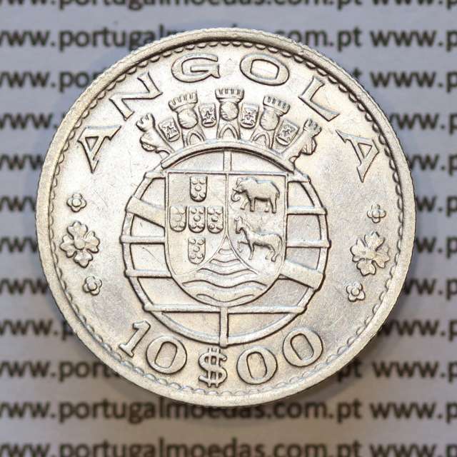 Moeda 10$00 prata 1955 Angola, "10 escudos prata 1955" (MBC+/Bela) - World Coins Angola KM 73