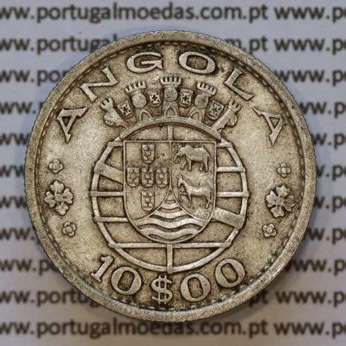Moeda 10$00 prata 1955 Angola, "10 escudos prata 1955" (MBC) - World Coins Angola KM 73