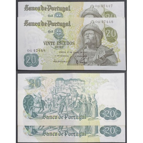 LOTE 2 NOTAS C/ Nº SEGUIDOS - 20 ESCUDOS 1971 (POUCO CIRCULADAS) "20$00 1971 Ch.8 GARCIA DE ORTA -BANCO DE PORTUGAL(27/07/1971)