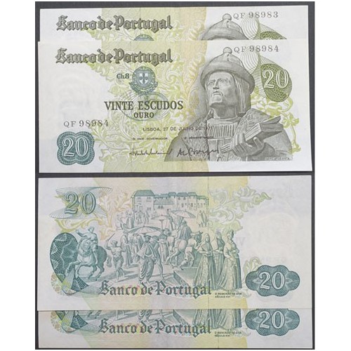 LOTE 2 NOTAS C/ Nº SEGUIDOS - 20 ESCUDOS 1971 (POUCO CIRCULADAS) "20$00 1971 Ch.8 GARCIA DE ORTA -BANCO DE PORTUGAL (27/07/1971)