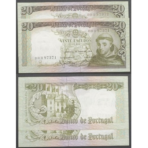 LOTE DE 2 NOTAS C/ Nº SEGUIDOS - 20 ESCUDOS 1964(POUCO CIRCULADAS) "20$00 1964 Ch.7 SANTO ANTÓNIO -BANCO DE PORTUGAL(26/05/1964)