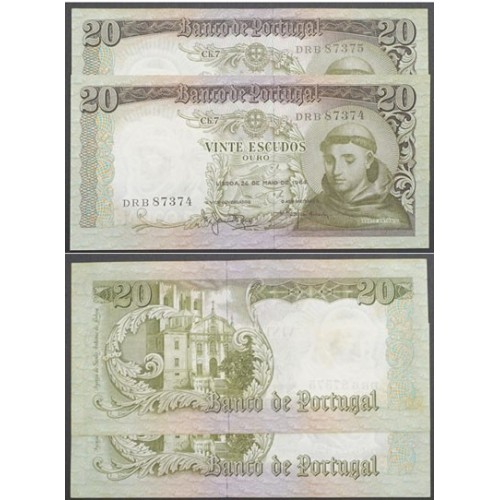 LOTE DE 2 NOTAS C/ Nº SEGUIDOS - 20 ESCUDOS 1964(POUCO CIRCULADAS) "20$00 1964 Ch.7 SANTO ANTÓNIO -BANCO DE PORTUGAL(26/05/1964)