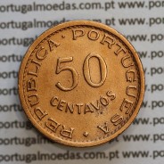 Angola 50 Centavos 1955 Bronze, ("$50" cinquenta centavos 1955 Angola), (MBC+/Bela), Ex-Colónia Angola, World Coins Angola KM 75