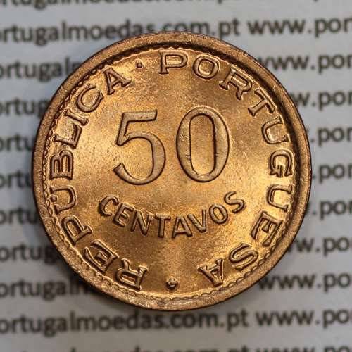 Angola 50 Centavos 1958 Bronze, ("$50" cinquenta centavos 1958 Angola), (Soberba), Ex-Colónia Angola, World Coins Angola KM 75