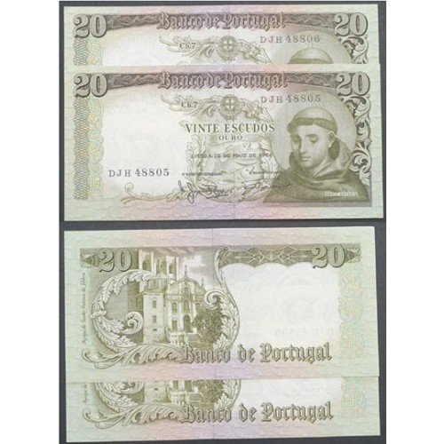 LOTE DE 2 NOTAS C/ Nº SEGUIDOS - 20 ESCUDOS 1964(POUCO CIRCULADAS) "20$00 1964 Ch.7 SANTO ANTÓNIO -BANCO DE PORTUGAL(26/05/1964)