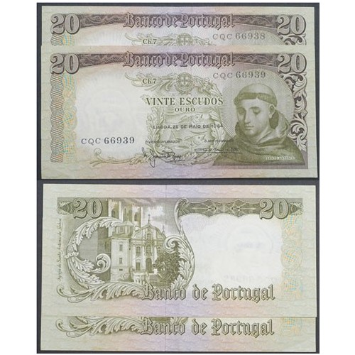 LOTE DE 2 NOTAS C/ NÚMEROS SEGUIDOS - 20 ESCUDOS 1964(CIRCULADAS) "20$00 1964 Ch.7 SANTO ANTÓNIO - BANCO DE PORTUGAL(26/05/1964)