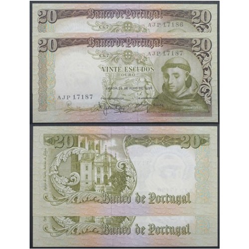 LOTE DE 2 NOTAS C/ Nº SEGUIDOS - 20 ESCUDOS 1964(POUCO CIRCULADAS) "20$00 1964 Ch.7 SANTO ANTÓNIO -BANCO DE PORTUGAL(26/05/1964)