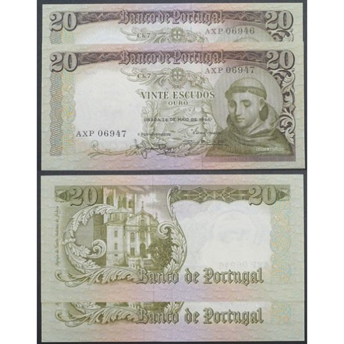 LOTE DE 2 NOTAS C/ Nº SEGUIDOS - 20 ESCUDOS 1964(POUCO CIRCULADAS) "20$00 1964 Ch.7 SANTO ANTÓNIO -BANCO DE PORTUGAL(26/05/1964)