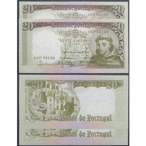 LOTE DE 2 NOTAS C/ Nº SEGUIDOS - 20 ESCUDOS 1964(POUCO CIRCULADAS) "20$00 1964 Ch.7 SANTO ANTÓNIO -BANCO DE PORTUGAL(26/05/1964)
