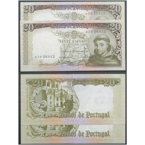 LOTE DE 2 NOTAS C/ Nº SEGUIDOS - 20 ESCUDOS 1964(POUCO CIRCULADAS) "20$00 1964 Ch.7 SANTO ANTÓNIO -BANCO DE PORTUGAL(26/05/1964)
