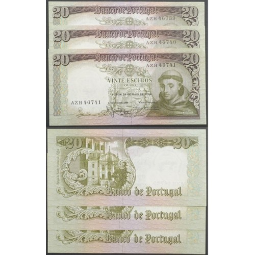 LOTE 3 NOTAS C/ Nº SEGUIDOS -20 ESCUDOS 1964(MUITO POUCO CIRCULADAS)"20$00 1964 Ch.7 SANTO ANTÓNIO-BANCO DE PORTUGAL(26/05/1964)