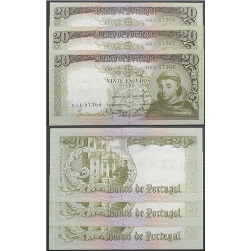 LOTE DE 3 NOTAS C/ Nº SEGUIDOS - 20 ESCUDOS 1964(POUCO CIRCULADAS) "20$00 1964 Ch.7 SANTO ANTÓNIO -BANCO DE PORTUGAL(26/05/1964)