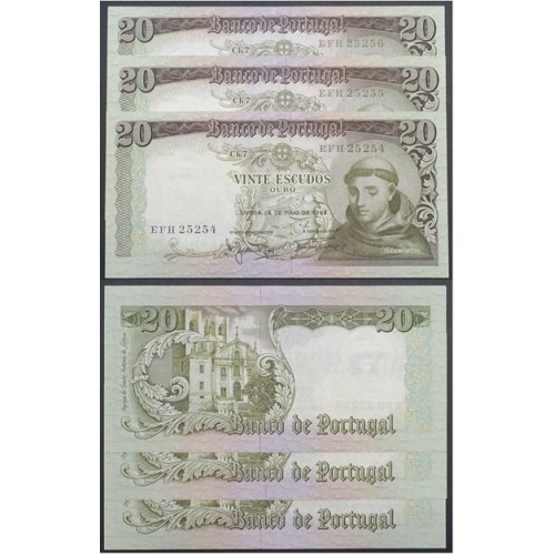 LOTE DE 3 NOTAS C/ Nº SEGUIDOS - 20 ESCUDOS 1964(POUCO CIRCULADAS) "20$00 1964 Ch.7 SANTO ANTÓNIO -BANCO DE PORTUGAL(26/05/1964)