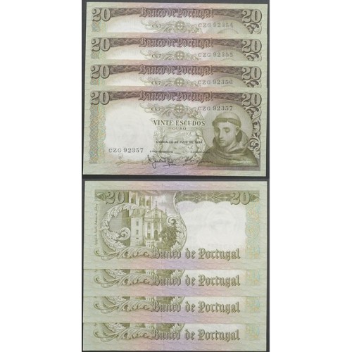 LOTE DE 4 NOTAS C/ Nº SEGUIDOS - 20 ESCUDOS 1964(POUCO CIRCULADAS) "20$00 1964 Ch.7 SANTO ANTÓNIO -BANCO DE PORTUGAL(26/05/1964)