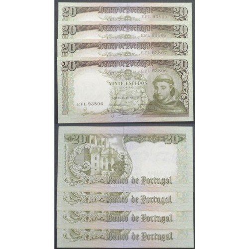 LOTE DE 4 NOTAS C/ Nº SEGUIDOS - 20 ESCUDOS 1964 (NÃO CIRCULADAS) "20$00 1964 Ch.7 SANTO ANTÓNIO - BANCO DE PORTUGAL(26/05/1964)