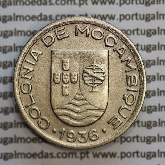 Moçambique, 50 centavos 1936 Cuproníquel, ("$50" cinquenta centavos 1936), (MBC+/Bela) Ex-Colónia, World Coins Mozambique KM 65