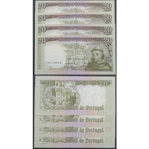 LOTE DE 4 NOTAS C/ Nº SEGUIDOS - 20 ESCUDOS 1964 (NÃO CIRCULADAS) "20$00 1964 Ch.7 SANTO ANTÓNIO -BANCO DE PORTUGAL(26/05/1964)