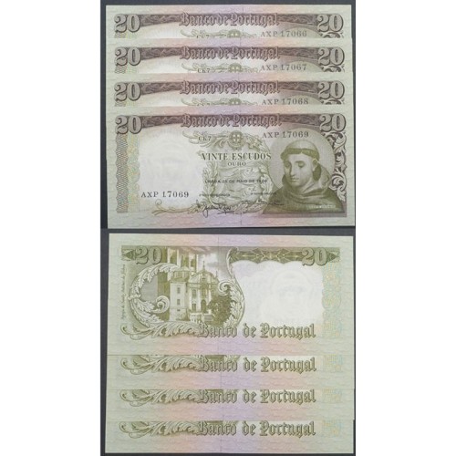 LOTE DE 4 NOTAS C/ Nº SEGUIDOS - 20 ESCUDOS 1964 (NÃO CIRCULADAS) "20$00 1964 Ch.7 SANTO ANTÓNIO -BANCO DE PORTUGAL(26/05/1964)