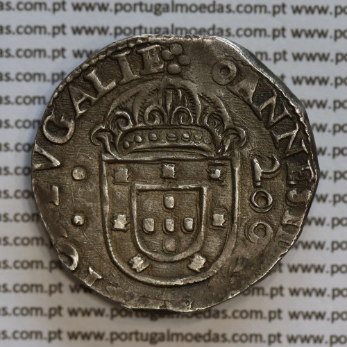Meio Cruzado prata D. João IV 1640-1656, 200 Réis, Legenda ✤IOANNES IIII DG REX PORTVGALIE / ✤IN.HOC.SIGNO.VINCES, KM 49