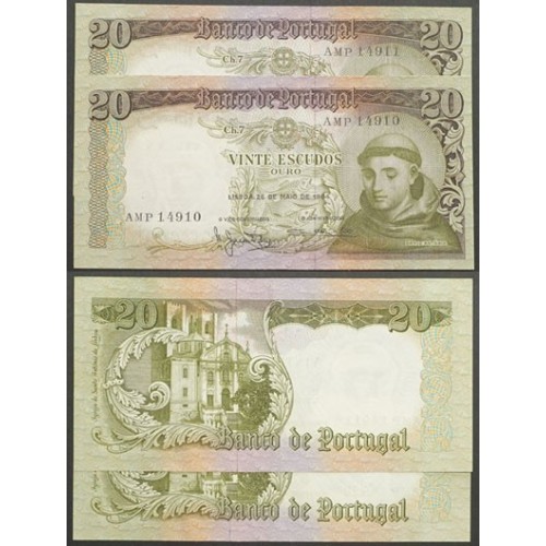 LOTE DE 2 NOTAS C/ Nº SEGUIDOS -20 ESCUDOS 1964(POUCO CIRCULADAS) "20$00 1964 Ch.7 SANTO ANTÓNIO - BANCO DE PORTUGAL(26/05/1964)