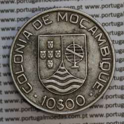 Moçambique 10$00 1936 Prata, (dez escudos em prata de 1936), (MBC), World Coins Mozambique KM 67