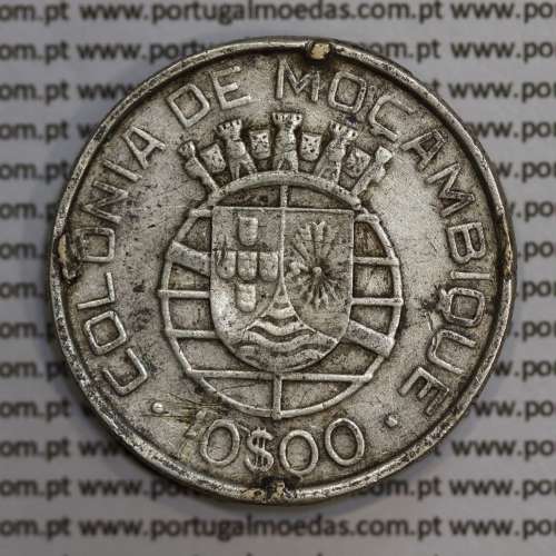 Moçambique 10$00 1938 Prata, (dez escudos em prata de 1938), (BC), World Coins Mozambique KM 70