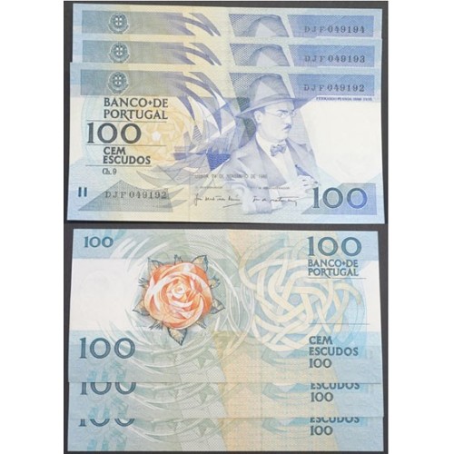 LOTE 3 NOTAS C/ Nº SEGUIDOS -100 ESCUDOS 1988(POUCO CIRCULADAS) "100$00 1988 Ch.9 FERNANDO PESSOA -BANCO DE PORTUGAL(24/11/1988)