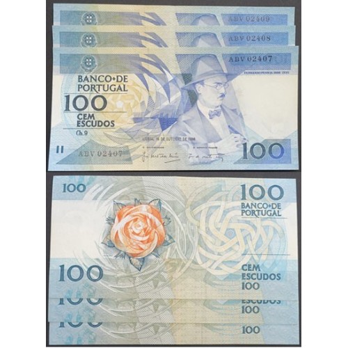 LOTE 3 NOTAS C/ Nº SEGUIDOS -100 ESCUDOS 1986(POUCO CIRCULADAS) "100$00 1986 Ch.9 FERNANDO PESSOA -BANCO DE PORTUGAL(16/10/1986)