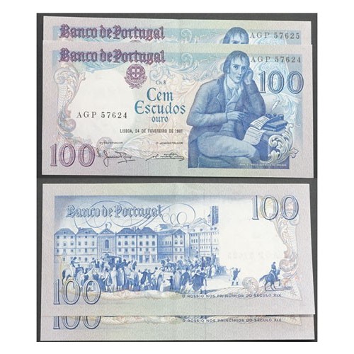 LOTE 2 NOTAS C/ NÚMEROS SEGUIDOS - 100 ESCUDOS 1981 (POUCO CIRCULADAS) "100$00 1981 Ch.8 BOCAGE - BANCO DE PORTUGAL(24/02/1981)