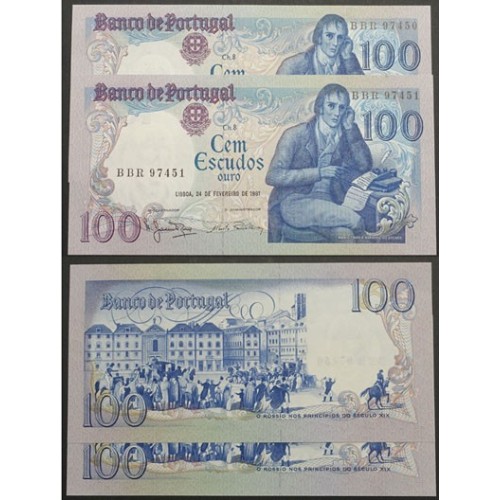 LOTE DE 2 NOTAS C/ Nº SEGUIDOS -100 ESCUDOS 1981(MUITO POUCO CIRCULADAS) "100$00 1981 Ch.8 BOCAGE -BANCO DE PORTUGAL(24/02/1981)