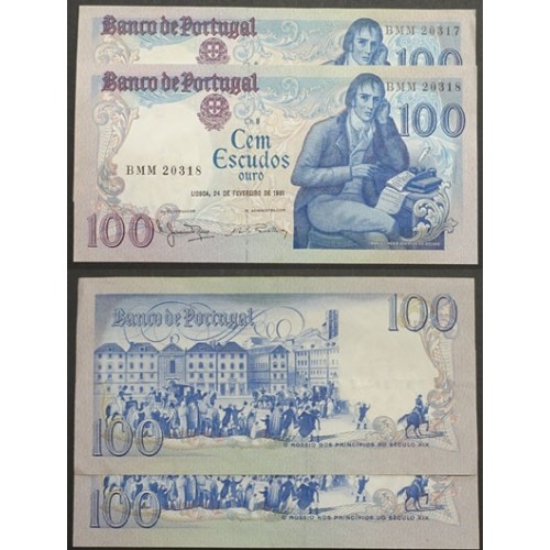LOTE DE 2 NOTAS C/ NÚMEROS SEGUIDOS -100 ESCUDOS 1981(POUCO CIRCULADAS) "100$00 1981 Ch.8 BOCAGE - BANCO DE PORTUGAL(24/02/1981)