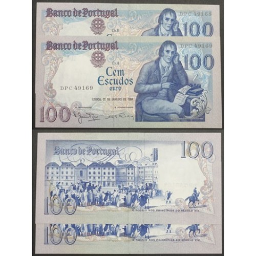 LOTE DE 2 NOTAS C/ NÚMEROS SEGUIDOS -100 ESCUDOS 1984(POUCO CIRCULADAS) "100$00 1984 Ch.8 BOCAGE - BANCO DE PORTUGAL(31/01/1984)