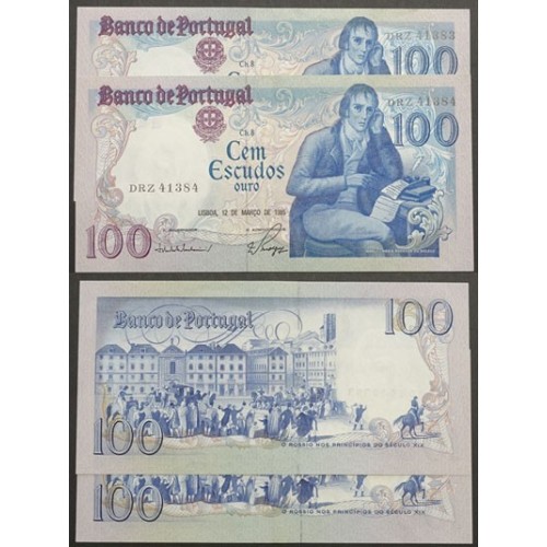 LOTE DE 2 NOTAS C/ NÚMEROS SEGUIDOS -100 ESCUDOS 1985(POUCO CIRCULADAS) "100$00 1985 Ch.8 BOCAGE - BANCO DE PORTUGAL(12/03/1985)